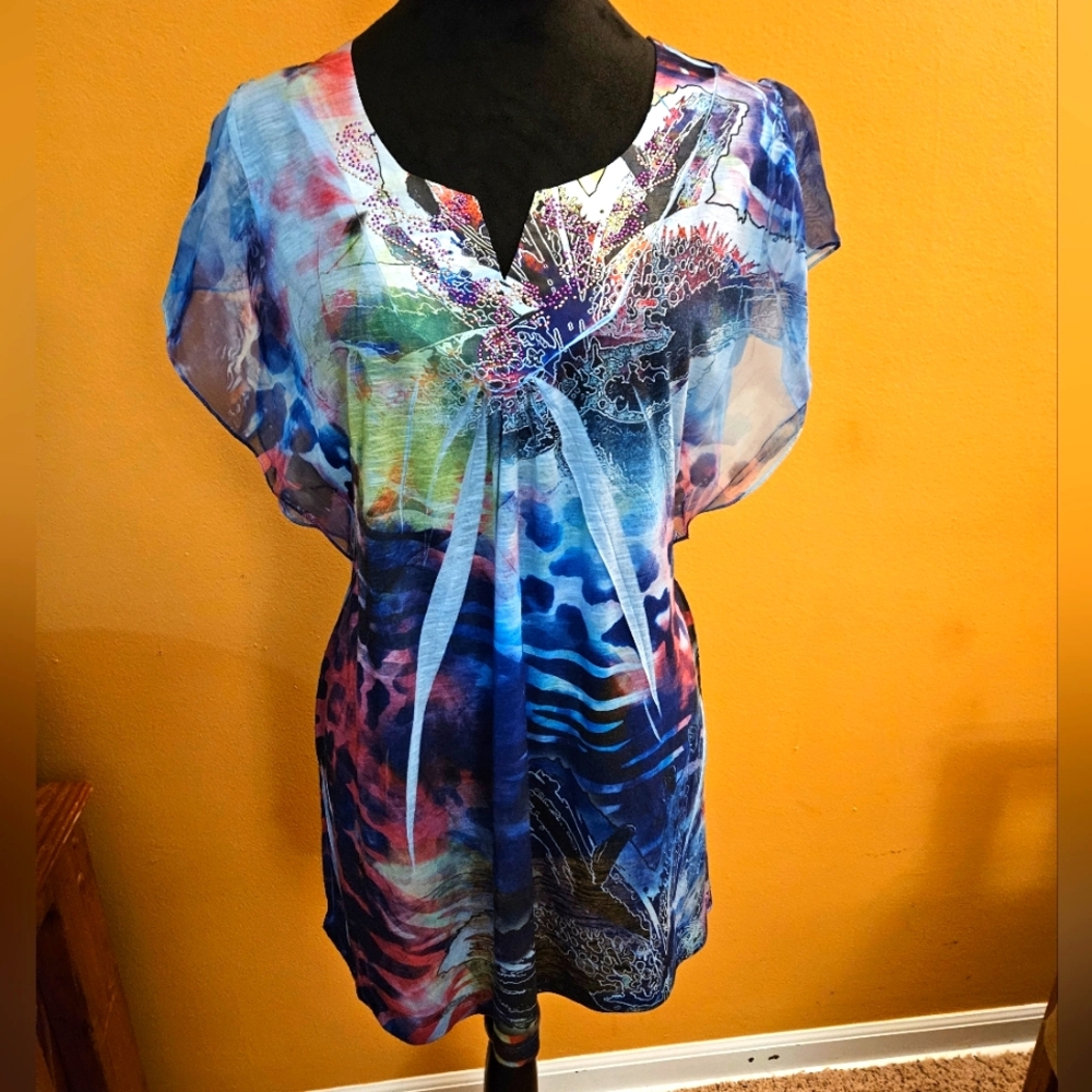 Live and Let Live Blue and Purple Dolman Sleeve Tunic with Embellished Bodice